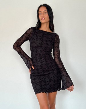 Rochie Mini Motel Rocks Sevila Long Sleeve Dama Negrii | XCP8771UQ