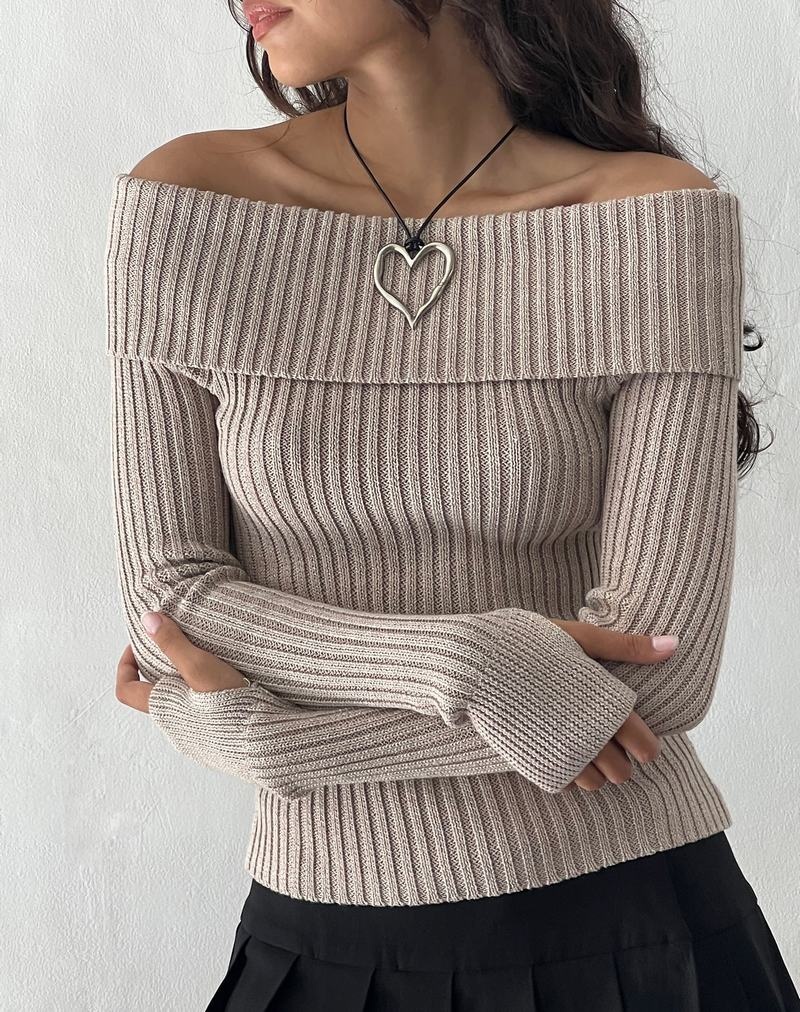 Jumpers Motel Rocks Circe Off-shoulder Long Sleeve Knit Top Dama Bej | POV2550IA